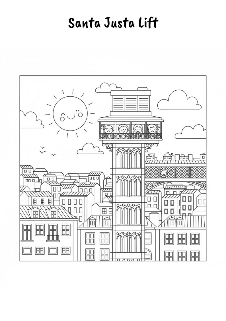 Puede incluir: Dibujo lineal en blanco y negro del Elevador de Santa Justa en Lisboa, Portugal. La imagen incluye el ascensor, edificios circundantes, un sol sonriente, nubes y el texto "Santa Justa Lift".
