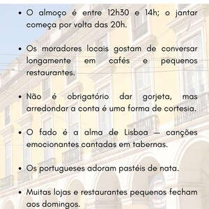 Puede incluir: Un gr&aacute;fico en portugu&eacute;s titulado "Cultura y costumbres". Detalla las costumbres locales, como los horarios de las comidas, las interacciones sociales, las propinas, el fado y el amor por la reposter&iacute;a. El fondo presenta un edificio.