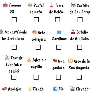 Puede incluir: Una lista de verificaci&oacute;n blanca titulada "Caza del Tesoro Lisboa" con ilustraciones de monumentos e iconos de Lisboa. Incluye un tranv&iacute;a, pasteler&iacute;a, torre, castillo, monasterio, arte callejero, sardinas y m&aacute;s.