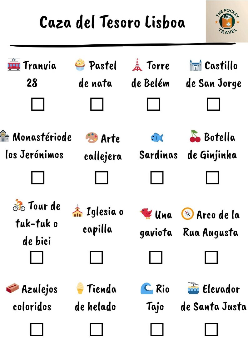 Puede incluir: Una lista de verificaci&oacute;n blanca titulada "Caza del Tesoro Lisboa" con ilustraciones de monumentos e iconos de Lisboa. Incluye un tranv&iacute;a, pasteler&iacute;a, torre, castillo, monasterio, arte callejero, sardinas y m&aacute;s.