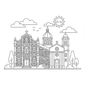 Puede incluir: Ilustraci&oacute;n en blanco y negro del Museo Nacional del Azulejo, con fachadas arquitect&oacute;nicas detalladas, una c&uacute;pula y un campanario. La imagen incluye nubes, p&aacute;jaros, un sol sonriente y el texto "National Tile Museum".