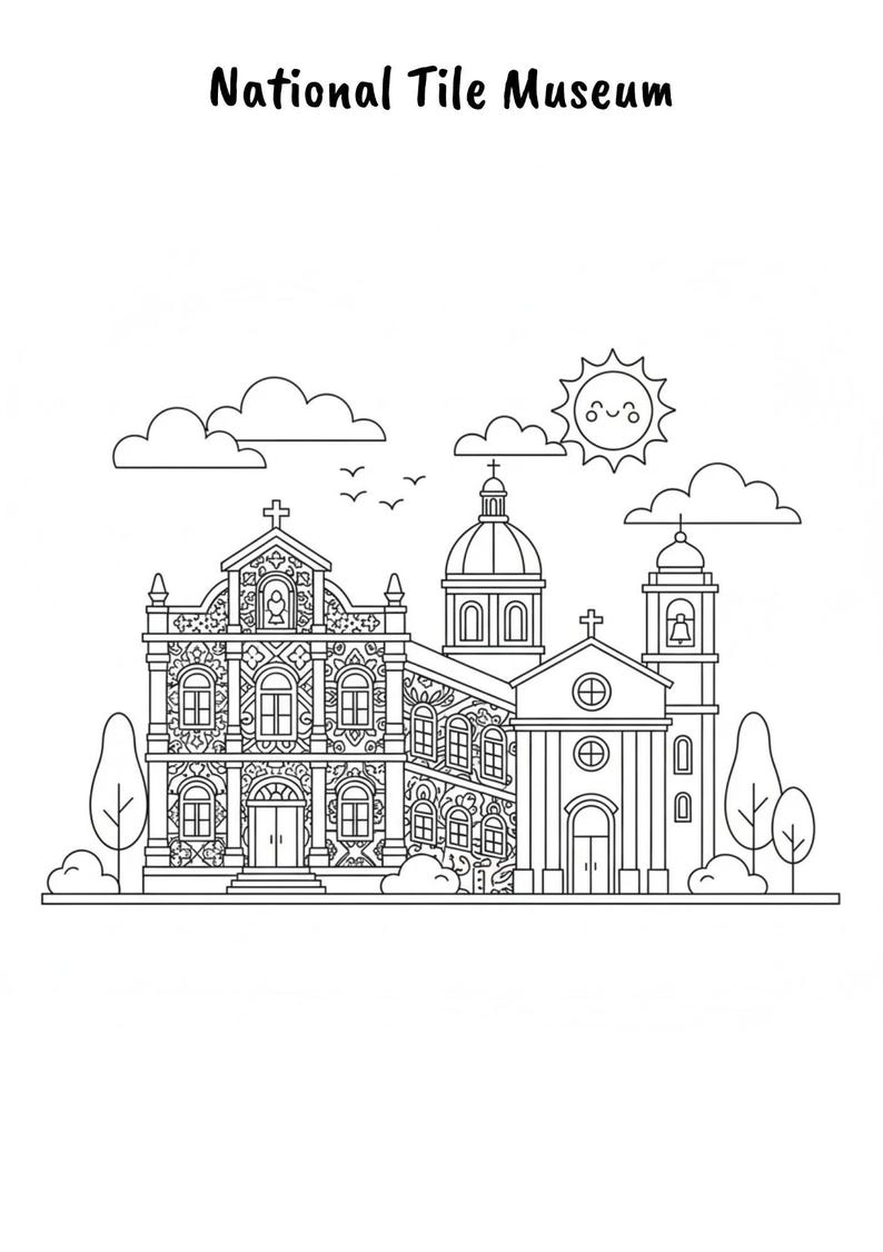 Puede incluir: Ilustraci&oacute;n en blanco y negro del Museo Nacional del Azulejo, con fachadas arquitect&oacute;nicas detalladas, una c&uacute;pula y un campanario. La imagen incluye nubes, p&aacute;jaros, un sol sonriente y el texto "National Tile Museum".