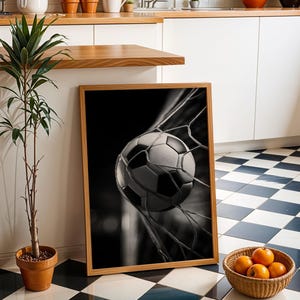 Football Wall Art Print, Soccer Goal Poster, Black White Sports Photography, Football Bedroom Decor, Soccer Ball Net Print (Framed Option) imagen 3