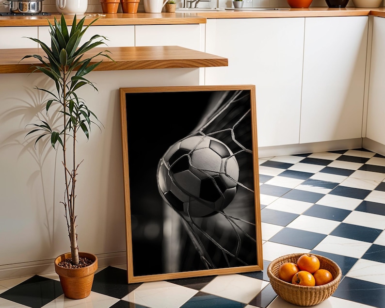 Football Wall Art Print, Soccer Goal Poster, Black White Sports Photography, Football Bedroom Decor, Soccer Ball Net Print (Framed Option) imagen 3