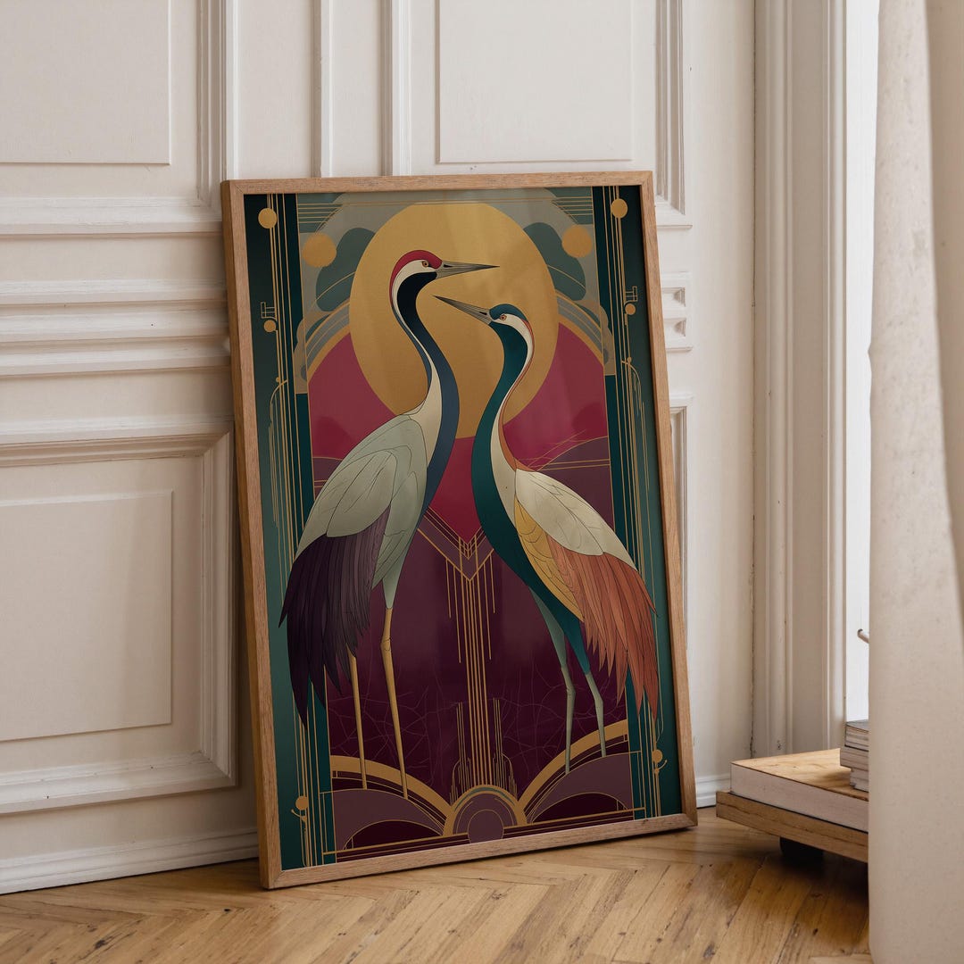 Art Deco Crane Wall Art | Vintage Bird Illustration Print | Elegant ...