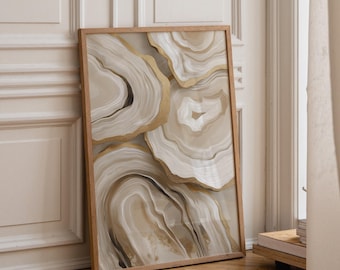 Abstract Oyster Shell Wall Art • Neutral Coastal Décor Print • Gold Accented Seashell Artwork • Modern Textured Beach House Art
