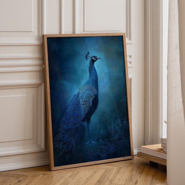 Midnight Blue Peacock Wall Art | Mystical Elegant Bird Print | Dark Moody Fine Art Décor | Regal Animal Poster | Luxury Boho Home Artwork
