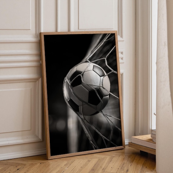 Football Wall Art Print, Soccer Goal Poster, Black White Sports Photography, Football Bedroom Decor, Soccer Ball Net Print (Framed Option)