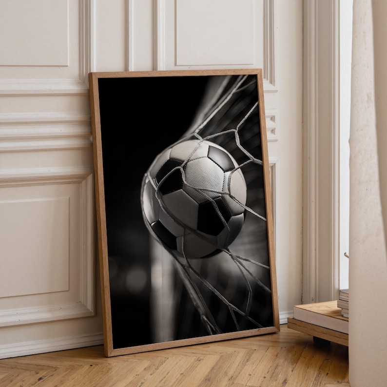 Football Wall Art Print, Soccer Goal Poster, Black White Sports Photography, Football Bedroom Decor, Soccer Ball Net Print (Framed Option) imagen 1