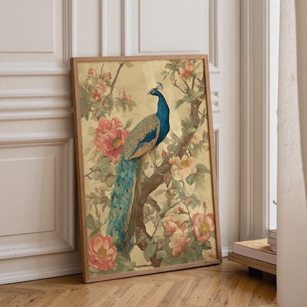 Chinoiserie Peacock Wall Art • Elegant Peacock & Peony Print • Vintage Asian Floral Décor • Luxe Botanical Bird Illustration