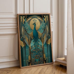 May include: A framed art print of a peacock in teal and gold. The peacock is shown with its wings open, set against a geometric background. The artwork has an Art Deco style, and is presented in a wooden frame.