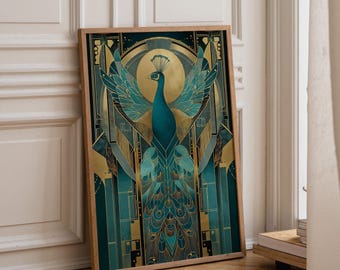 Art Deco Peacock Wall Art | Teal and Gold Elegant Bird Print | Vintage Glam Home Décor | Luxury Geometric Illustration Poster