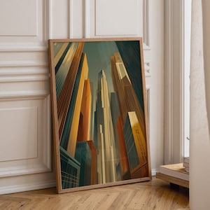 May include: A framed art print featuring an abstract depiction of skyscrapers. The artwork uses a palette of warm colors, including yellows, oranges, and browns, contrasted with cool blues and greens. The perspective is from a low angle, looking up at the buildings.