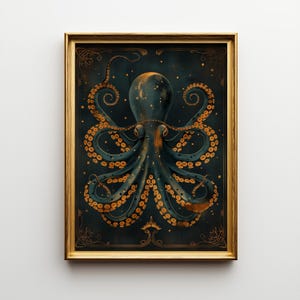 Art Deco Octopus Wall Art Print, Luxury Nautical Décor, Teal and Gold Ocean Artwork, Statement Coastal Office Art, Kraken Poster image 6