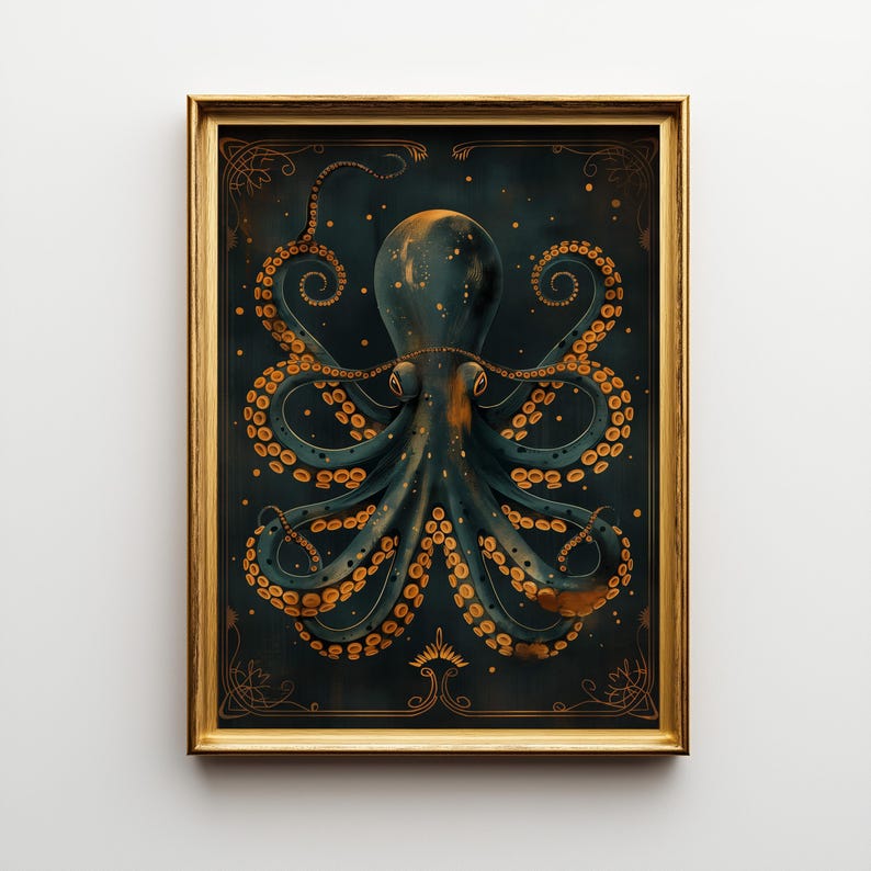 Art Deco Octopus Wall Art Print, Luxury Nautical Décor, Teal and Gold Ocean Artwork, Statement Coastal Office Art, Kraken Poster image 6