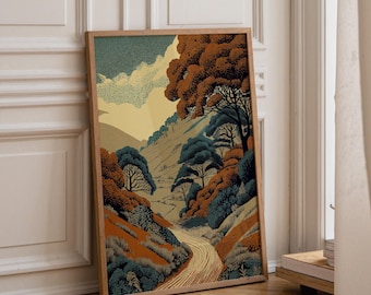 Countryside Landscape Print, Rolling Hills Linocut Art, Mid Century Style Poster