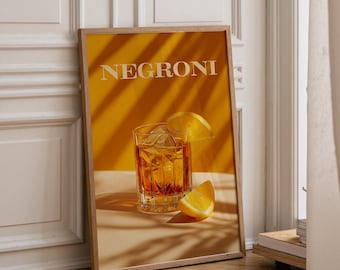 Plakat z koktajlem Negroni | Minimalistyczna sztuka barowa | Nowoczesny plakat z drinkiem | Dekoracja ścienna z włoskim koktajlem | Prezent do domowego baru lub kuchni