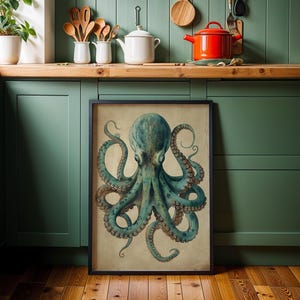 Vintage Octopus Wall Art Print, Nautical Coastal Décor, Teal Antique Kraken Illustration, Maritime Study Artwork, Ocean Lover Gift imagen 3
