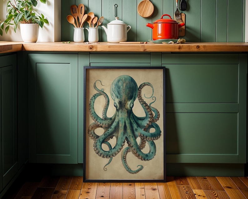 Vintage Octopus Wall Art Print, Nautical Coastal Décor, Teal Antique Kraken Illustration, Maritime Study Artwork, Ocean Lover Gift imagen 3