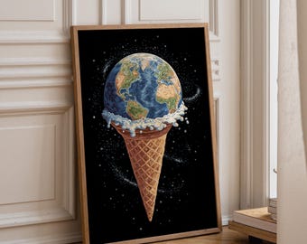 Earth Ice Cream Wall Art Print, Surreal Planet Earth Poster, Cosmic Space Decor, Celestial Artwork, Modern Galaxy Print (Framed Option)
