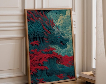 Blauwe en rode draak kunstafdruk | Japanse golffantasie | Muurkunst mythisch wezen | Illustratie in oosterse inktstijl | Aziatische mythologie
