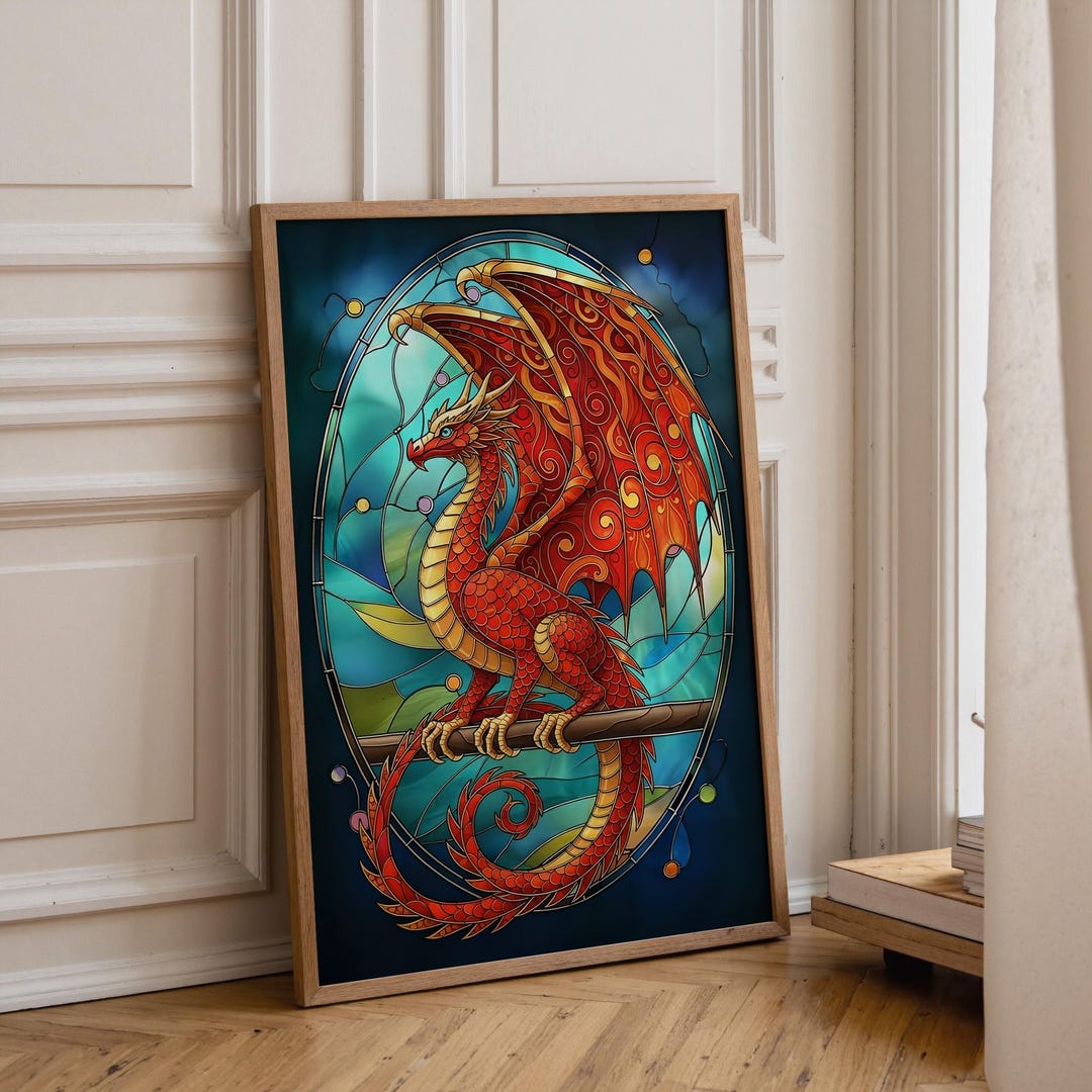Stained Glass Dragon Wall Art Print, Fantasy Gothic Dragon Poster, Red ...
