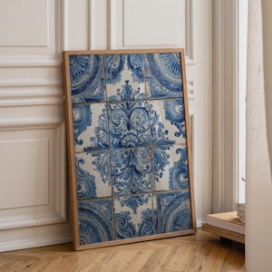 Arte mural con azulejos portugueses azules, impresión de azulejos cerámicos, decoración de cocina mediterránea, decoración de pared con azulejos azules costeros