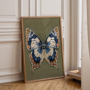Può includere: Un'opera d'arte da parete incorniciata che presenta una grande e dettagliata illustrazione di una farfalla centrata su uno sfondo verde oliva tenue. La farfalla mostra motivi complessi in tonalità blu profondo, crema e arancione bruciato, racchiusa in una cornice di legno chiaro.
