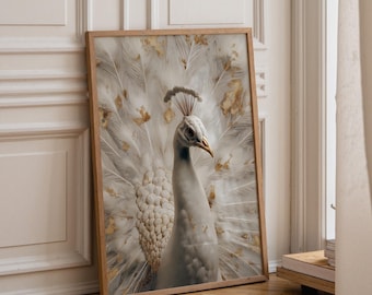 White Peacock Wall Art | Neutral Boho Bird Print | Elegant Nature Illustration | Minimalist Botanical Décor | Modern Living Room Artwork |