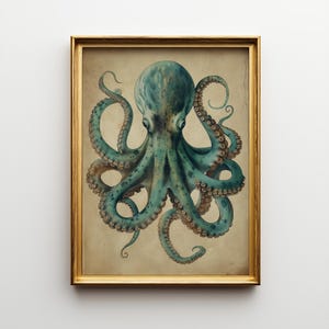 Vintage Octopus Wall Art Print, Nautical Coastal Décor, Teal Antique Kraken Illustration, Maritime Study Artwork, Ocean Lover Gift imagen 6