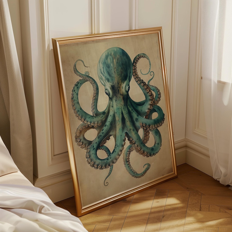 Vintage Octopus Wall Art Print, Nautical Coastal Décor, Teal Antique Kraken Illustration, Maritime Study Artwork, Ocean Lover Gift imagen 5