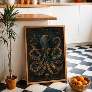 Art Deco Octopus Wall Art Print, Luxury Nautical Décor, Teal and Gold Ocean Artwork, Statement Coastal Office Art, Kraken Poster image 4