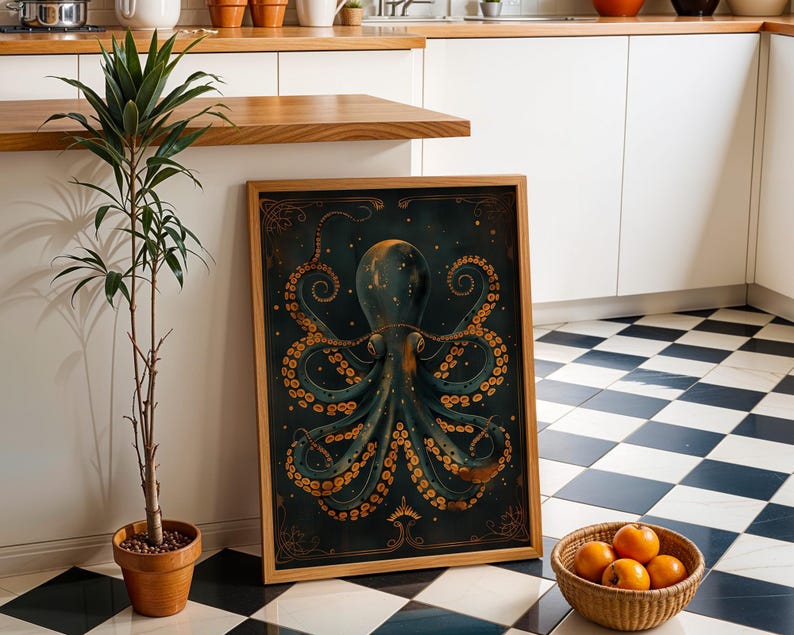 Art Deco Octopus Wall Art Print, Luxury Nautical Décor, Teal and Gold Ocean Artwork, Statement Coastal Office Art, Kraken Poster image 4