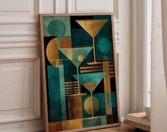 Art Deco Cocktail Art Print | Geometric Martini Glass Poster | Gold & Teal Modern Bar Wall Art | Mid-Century Glam Home Décor | Retro Lounge