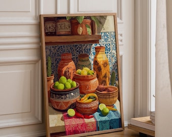 Mexican Kitchen Wall Art Print | Talavera Pottery & Produce Still Life | Colourful Mexican Décor | Rustic Boho Kitchen Art | Southwestern
