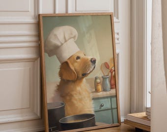Chef Dog Art Print • Golden Retriever Cooking Wall Art • Funny Kitchen Décor • Whimsical Dog Chef Illustration • Cute Culinary Artwork