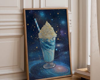Cosmic Milkshake Wall Art, Surreal Dessert Poster, Celestial Kitchen Decor (Framed Option)