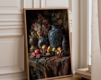 Vintage Still Life Wall Art, Dutch Masters Fruit Painting Print, Antique Vase Floral Decor, Moody Classical Art, Dark Academia Wall Art
