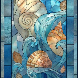 Stained Glass Seashell Wall Art, Coastal Ocean Illustration, Nautical Beach Décor, Art Nouveau image 7