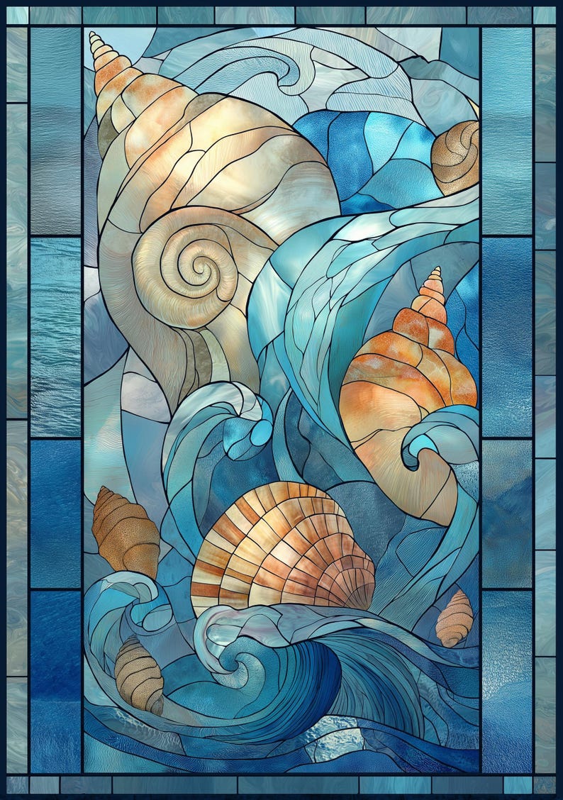 Stained Glass Seashell Wall Art, Coastal Ocean Illustration, Nautical Beach Décor, Art Nouveau image 7