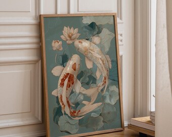 May include: A rectangular framed wall art print featuring two koi fish swimming in a circular motion among lotus flowers and lily pads. The artwork uses a muted teal background with gold outlines and white, orange, and cream colored fish.