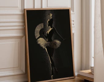 May include: A framed vertical wall art print featuring a silhouette of a dancer in a tutu holding a handheld fan. The figure is rendered in gold against a solid black background, with a light dusting of gold particles surrounding the dancer.