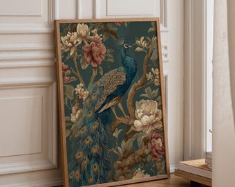 Chinoiserie Peacock Wall Art • Elegant Peacock & Peony Print • Vintage Asian Floral Décor • Luxe Botanical Bird Illustration