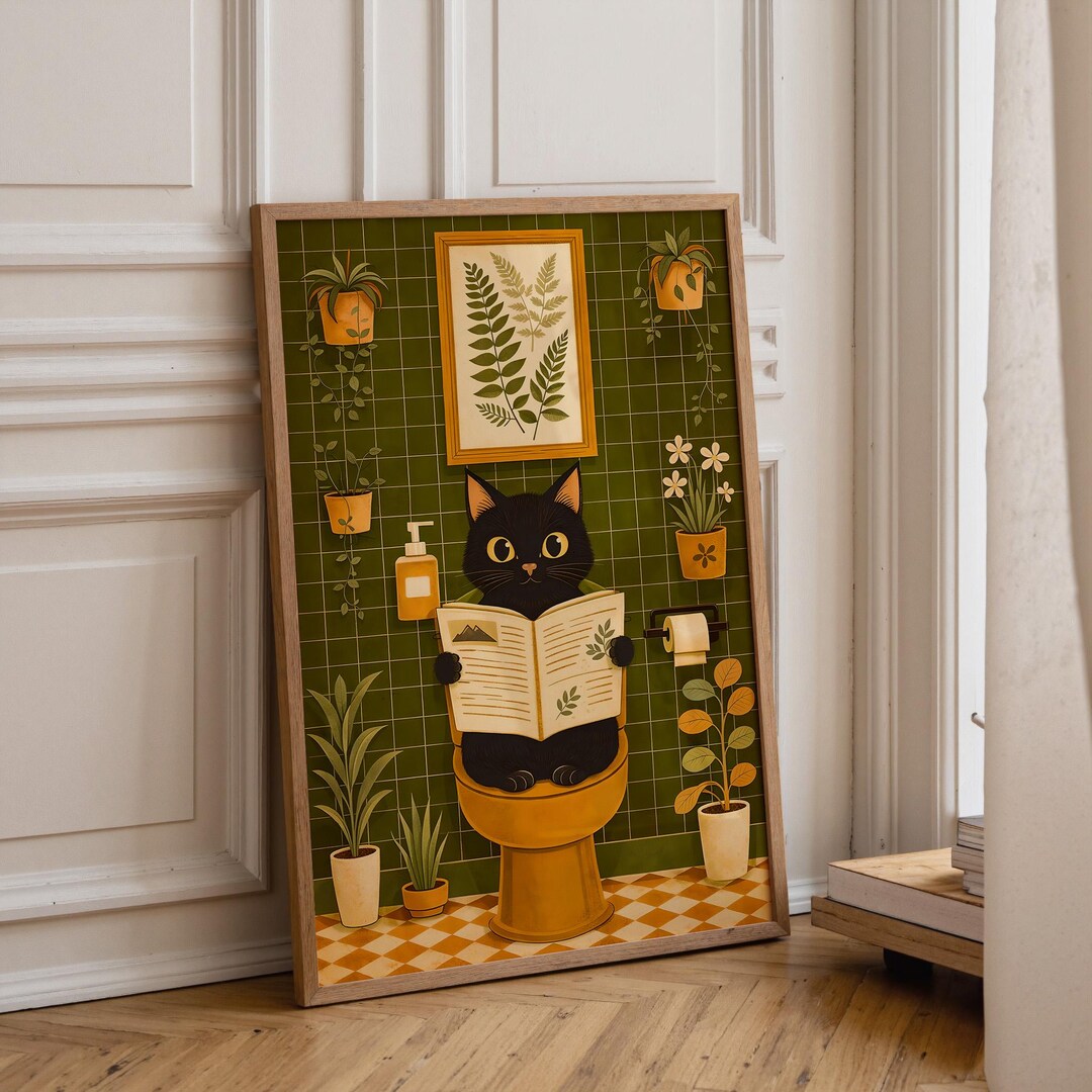 Funny Black Cat Bathroom Wall Art, Cat Reading Newspaper Print, Quirky ...