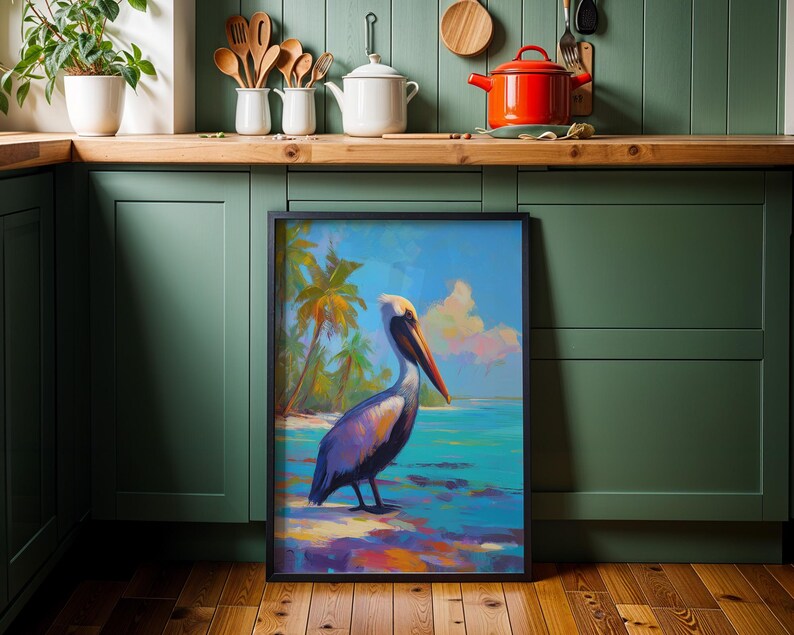 Tropical Pelican Beach Painting, Colorful Coastal Bird Wall Art ...