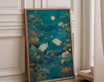 Chinoiserie Crane Print, Teal Asian Landscape, Oriental Birds Poster, Japanese Style Decor (Framed Option)