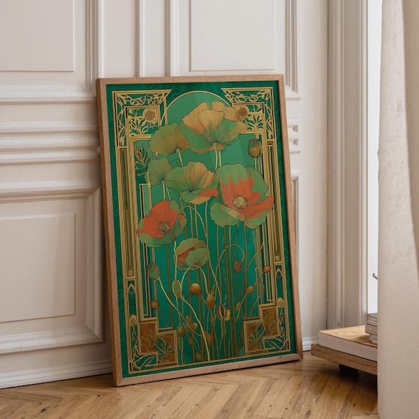 Art Nouveau Floral Wall Art, Green and Gold Botanical Print, Vintage Flower Poster, Elegant Botanical Illustration, Luxury Floral Décor KWC