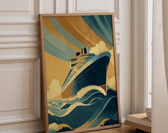 Art Deco Cruise Liner Wall Art | Vintage Cruise Ship Poster | Retro Travel Print | Teal and Gold Wall Décor