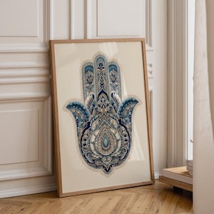 Blue Hamsa Wall Art • Intricate Hamsa Hand Print • Jewish Home Blessing Décor • Modern Judaica • Protective Hand Symbol • Middle Eastern