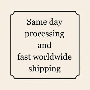May include: A square graphic with a black border and rounded corners. The text inside reads "Same day processing and fast worldwide shipping" in a simple, clear font, set against a cream-colored background.